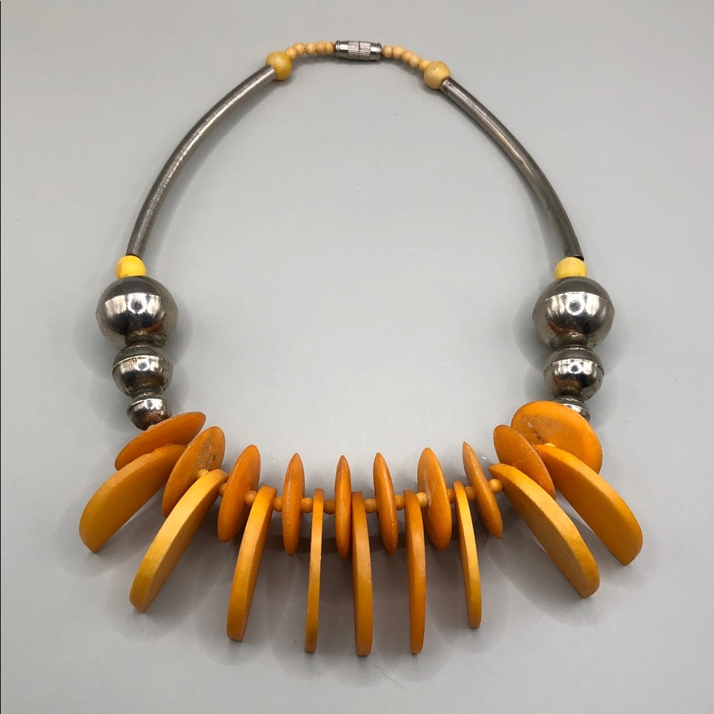 Vintage artisan tribal statement boho collar choker metal necklace nut beads.
